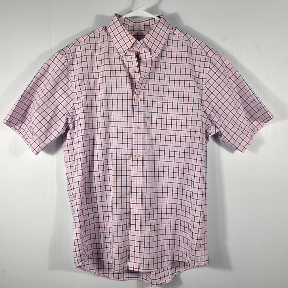 Jos. A. Bank Traveler Mens Medium Short Sleeve Pink Navy Tattersall Check Shirt